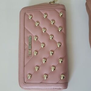 Love Moschino Pink and Gold Zipper Wallet with Studded Design Organizer Pockets